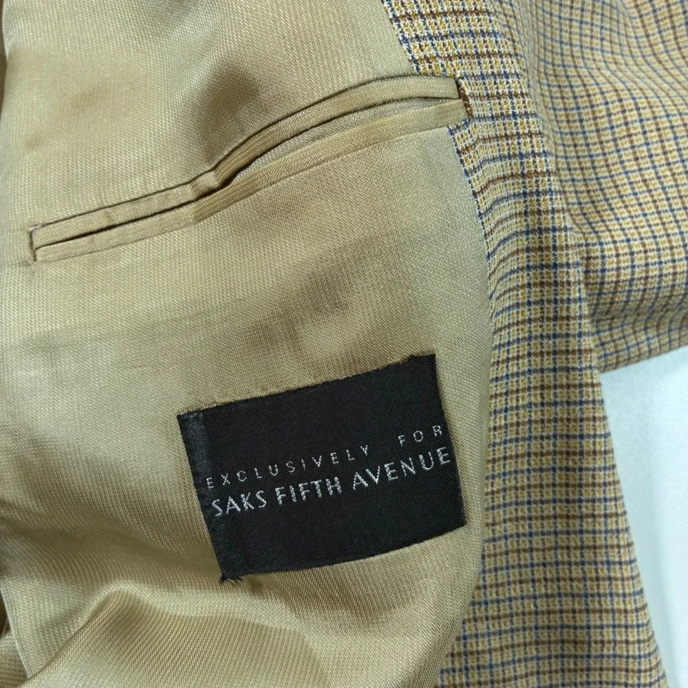 Ermenegildo Zegna Wool Silk Blazer 46R Tan‎ Check Sport Coat Saks Fifth Avenue